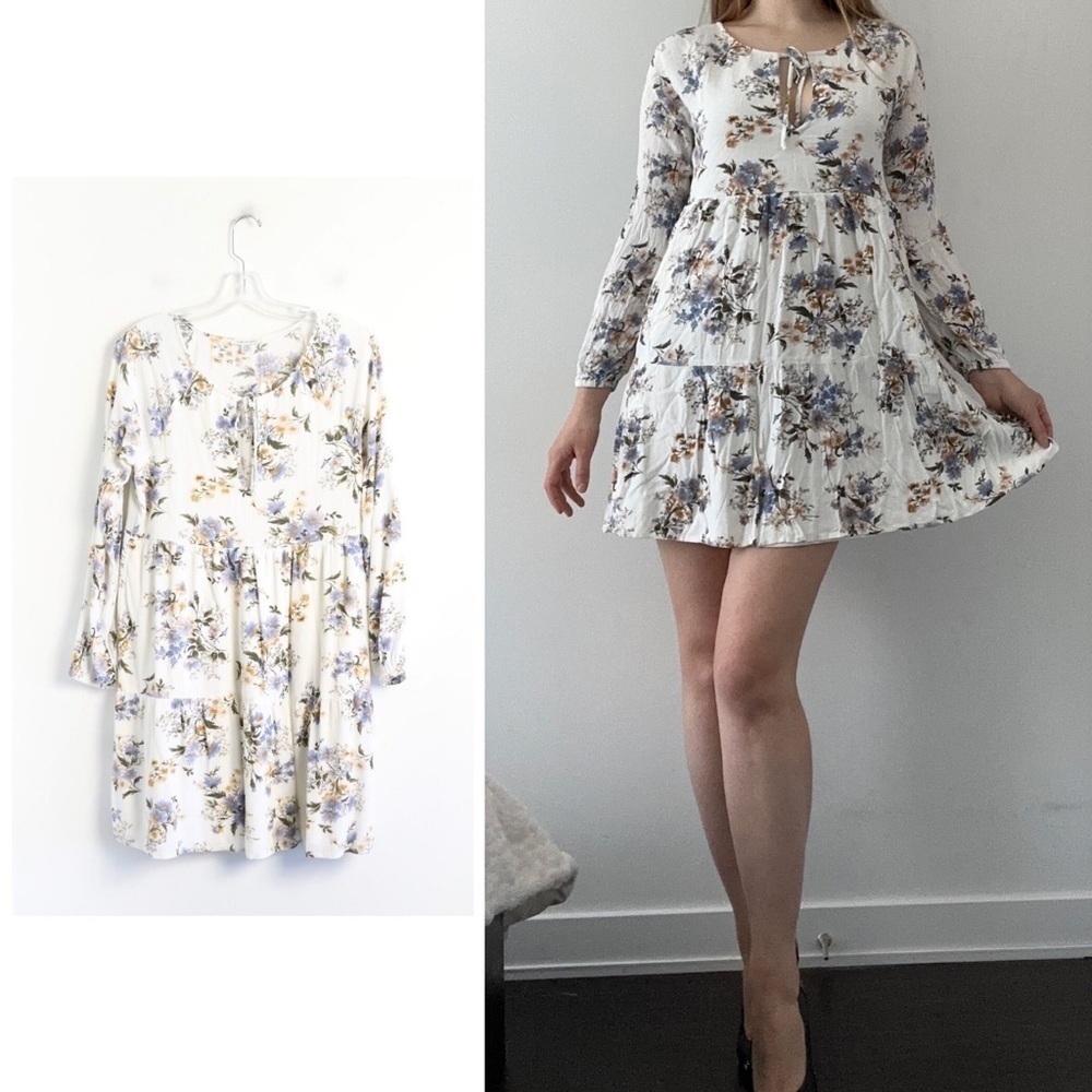American Eagle AEO white floral print dress bohemian tall peasant long sleeve M